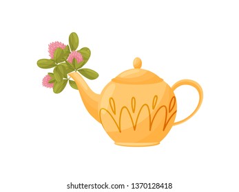 Clover flowers in teapot on white background.