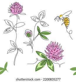 Clover flowers vector pattern with bee. One continuous line art drawing meadow pattern with clover flowers.