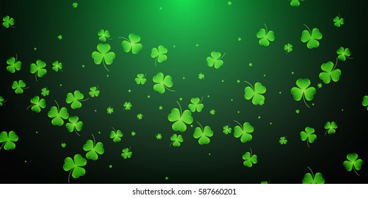 Clover flying leaves background. Saint Patrick's Day banner. Three leaf clover leaves.