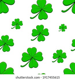 Clover with four leaf background. Seamless pattern with shamrock symbol. Great for saint patrick day design. Vector illustration on white.