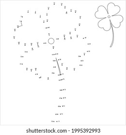 Clover Four Leaf Icon, Four Leaf Clover Symbol Of Good Luck Connect The Dots,Puzzle Containing A Sequence Of Numbered Dots Vector Art Illustration