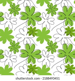 Clover four leaf seamless pattern. One continuous line drawn lucky clover