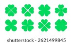 Clover four leaf vector shamrock icon. St Patrick luck clover good irish green heart flat shamrock isolated symbol.