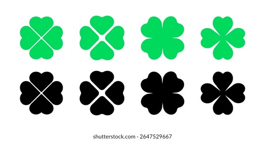 Clover four leaf vector shamrock icon. St Patrick luck clover good irish green heart flat shamrock isolated symbol.