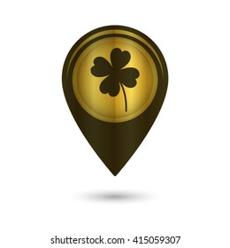 Clover with four leaves - black vector icon; golden  map pointer