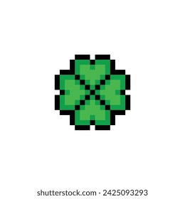 Clover with four leaves  icon 8 bit, pixel art  Clover icon  for game  logo.