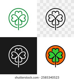 Clover four leaves line style logo. Set of four leaf clover sign. Linear, outline and filled outline icons on black, white and transparent background. Editable stroke.