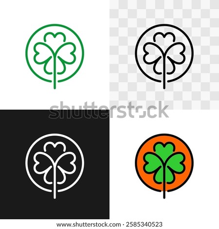 Clover four leaves line style logo. Set of four leaf clover sign. Linear, outline and filled outline icons on black, white and transparent background. Editable stroke.