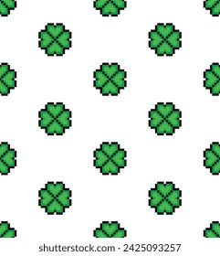 Trébol con cuatro hojas Patrón sin fisuras vector Trébol 
 fondo pixel art para juego de 8 bits