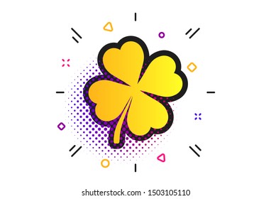 Clover with four leaves sign icon. Halftone dots pattern. Saint Patrick symbol. Classic flat clover icon. Vector