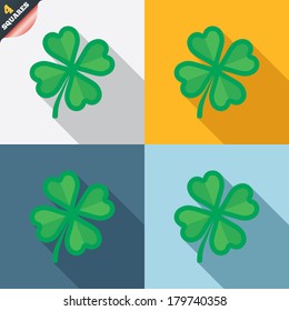 Clover with four leaves sign icon. Saint Patrick symbol. Four squares. Colored Flat design buttons. Vector