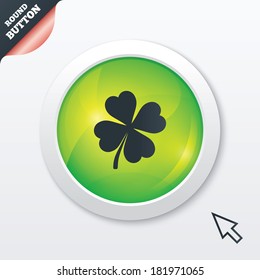 Clover with four leaves sign icon. Saint Patrick symbol. Green shiny button. Modern UI website button with mouse cursor pointer. Vector