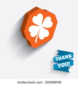 Clover with four leaves sign icon. Saint Patrick symbol. White icon on orange 3D piece of wall. Carved in stone with long flat shadow. Vector