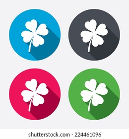 Clover with four leaves sign icon. Saint Patrick symbol. Circle buttons with long shadow. 4 icons set. Vector