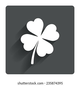 Clover with four leaves sign icon. Saint Patrick symbol. Gray flat square button with shadow. Modern UI website navigation. Vector