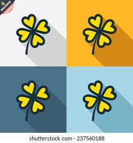 Clover with four leaves sign icon. Saint Patrick symbol. Four squares. Colored Flat design buttons. Vector