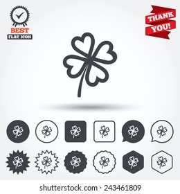 Clover with four leaves sign icon. Saint Patrick symbol. Circle, star, speech bubble and square buttons. Award medal with check mark. Thank you ribbon. Vector