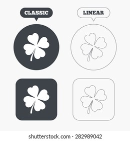 Clover with four leaves sign icon. Saint Patrick symbol. Classic and line web buttons. Circles and squares. Vector