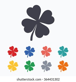 Clover with four leaves sign icon. Saint Patrick symbol. Colored flat icons on white background.