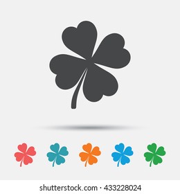 Clover with four leaves sign icon. Saint Patrick symbol. Graphic element on white background. Colour clean flat clover icons. Vector