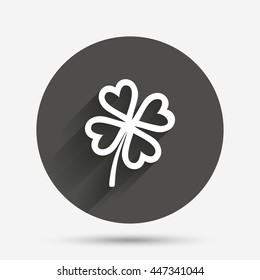Clover with four leaves sign icon. Saint Patrick symbol. Circle flat button with shadow. Vector