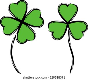 Clover with Four and Three Leaves Vector Illustration