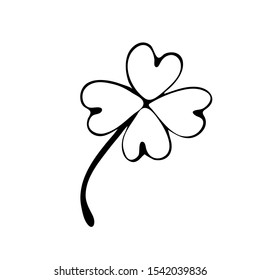 Clover four-leaf line art. St. Patrick s day. Continuous line drawing. Editable line. Hand-drawn symbol symbol of good luck. Doodle outline. Black and white vector minimalist illustration. Sketch.