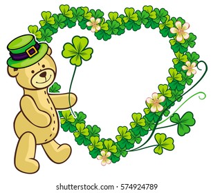 Clover frame and cute teddy bear in green hat. Copy space. Vector clip art.