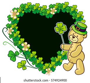 Clover frame and cute teddy bear in green hat. Copy space. Vector clip art.