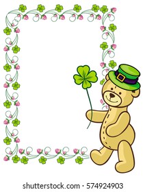 Clover frame and cute teddy bear in green hat. Copy space. Vector clip art.