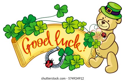 Clover frame and cute teddy bear in green hat. Copy space. Vector clip art.