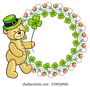 Clover frame and cute teddy bear in green hat. Copy space. Vector clip art.