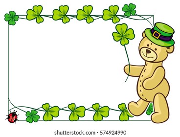 Clover frame and cute teddy bear in green hat. Copy space. Vector clip art.