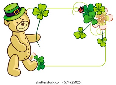 Clover frame and cute teddy bear in green hat. Copy space. Vector clip art.