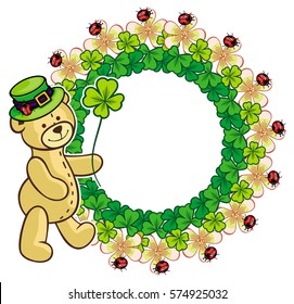 Clover frame and cute teddy bear in green hat. Copy space. Vector clip art.