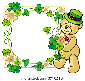 Clover frame and cute teddy bear in green hat. Copy space. Vector clip art.