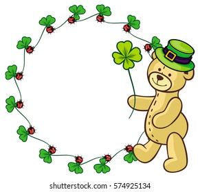 Clover frame and cute teddy bear in green hat. Copy space. Vector clip art.