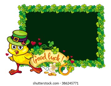 Clover frame and funny yellow chick in green hat. Vector clip art.