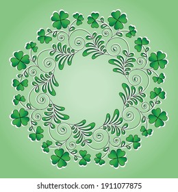 Clover frame. Shamrock clover. Traditional irish symbol. Round frame for St. Patricks Day with place for text. Talisman or lucky charm. Vector illustration.