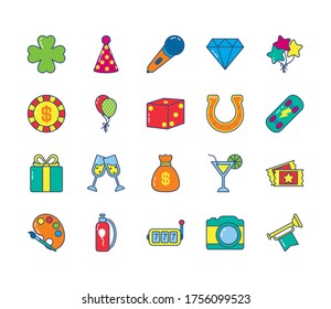 clover and gambling icon set over white background, line and fill style, vector illustration