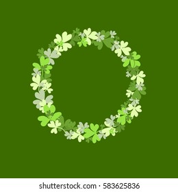 Clover garland on green background. St Patrick day greeting card with shamrock wreath. Irish. Vector flat illustration. Good for text.