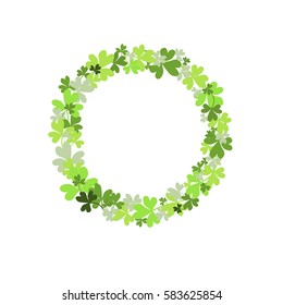 Clover garland on green background. St Patrick day greeting card with shamrock wreath. Irish. Vector flat illustration. Good for text.