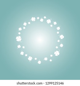 Clover garland on powder blue background. St Patrick day greeting card with shamrock wreath and sky. Irish. Vector flat illustration. Good for text and cards