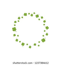 Clover garland on white background. St Patrick day greeting card with shamrock wreath. Irish. Vector flat illustration. Good for text and cards