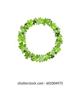 Clover garland on white background. St Patrick day greeting card with shamrock wreath. Irish. Vector flat illustration. Good for text and cards