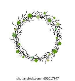 Clover garland with wreath from black branches and twigs on white background. St Patrick day greeting card with shamrock wreath. Irish. Vector illustration. Earth Day card. Good for text and cards