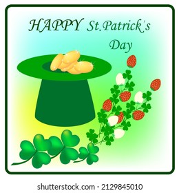 Clover, gold, cap, lettering. Symbol fortune, success, traditional ireland festival, holiday St. Patrick. Fashion modern design. Color template for prints, card. Vector illustration