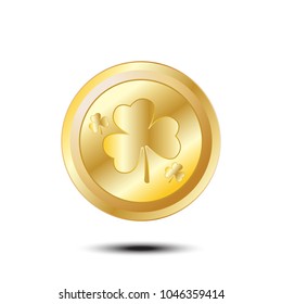 Clover gold coin. Happy Saint Patrick's day Festival. Irish celebration. Shamrock. Lucky. isolated on background. Editable elements and glare. Casino game. Rich other users Vector illustration