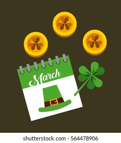 clover and gold coins and calendar with saint patrick's day date. colorful design. vector illustration