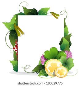 Clover and gold coins with leaves and paper scroll on white background. St. Patrick's Day invitation